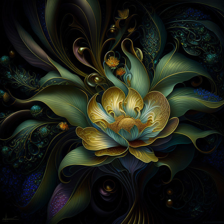 Luminous flower surrounded by swirling patterns in dark hues