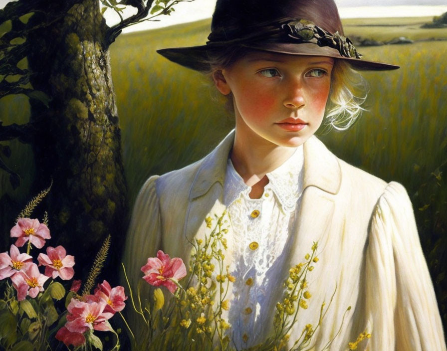 Young girl in white blouse and black hat in sunny field with flowers and tree.