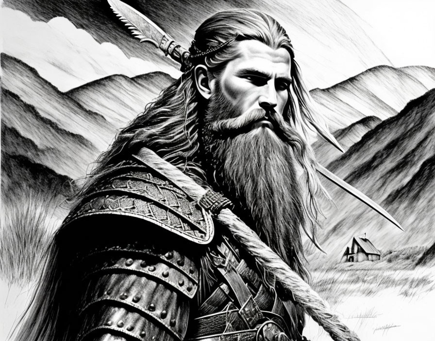 Detailed black and white illustration of a bearded warrior in ornate armor with sword, mountains, and