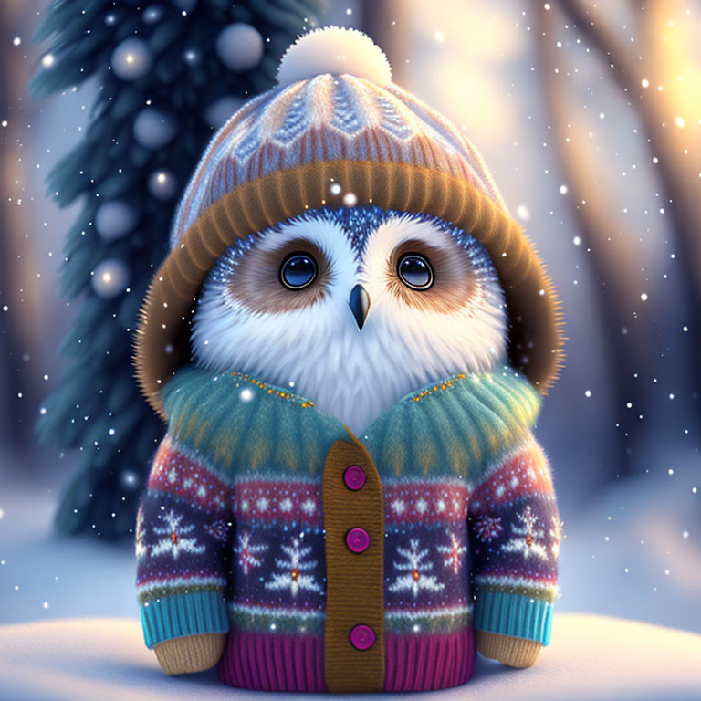 Colorful Knitted Sweater and Hat Owl Illustration in Snowy Winter Scene