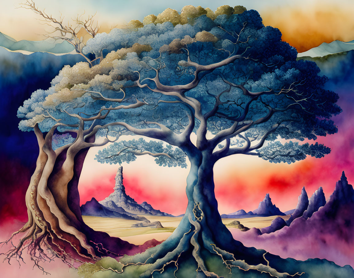 Vibrant painting: intertwined trees, mountain, colorful sky