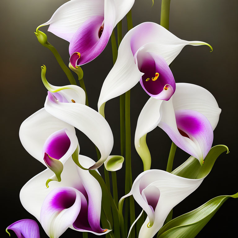 White and Purple Calla Lilies on Dark Gradient Background