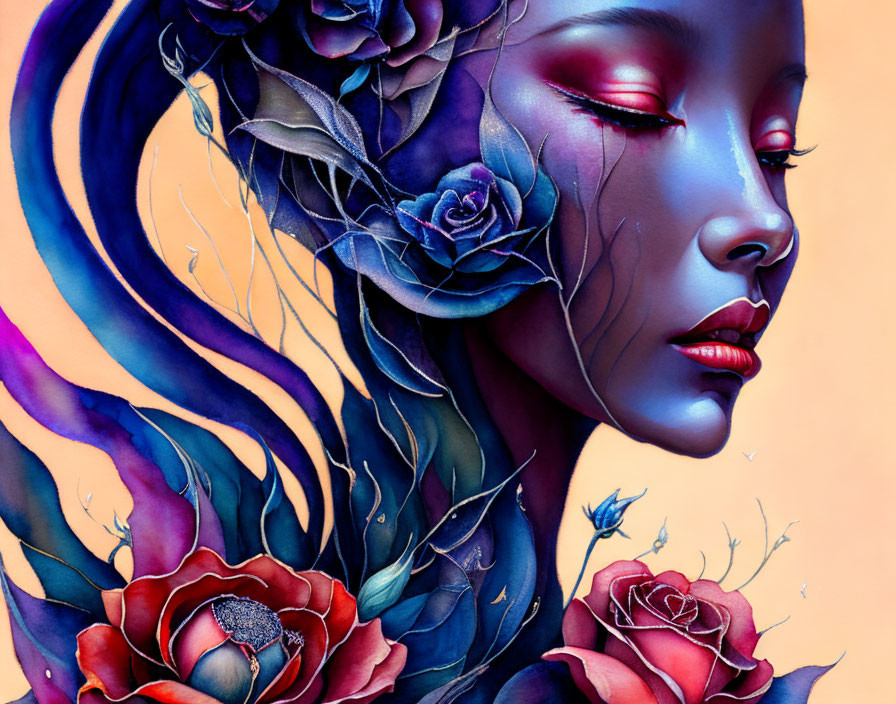 Colorful woman portrait with blue skin and floral elements