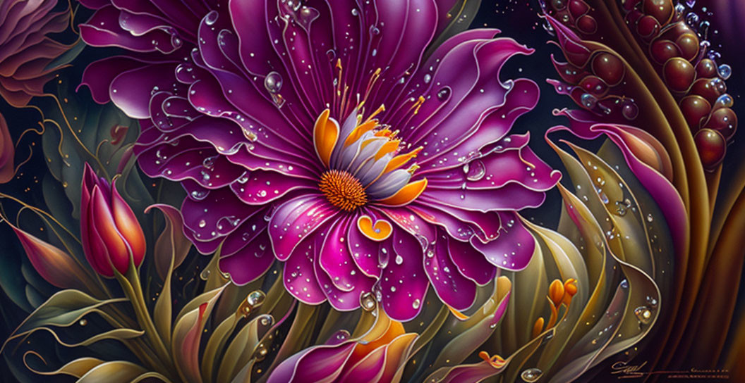 Stylized purple flower with dew drops on dark background