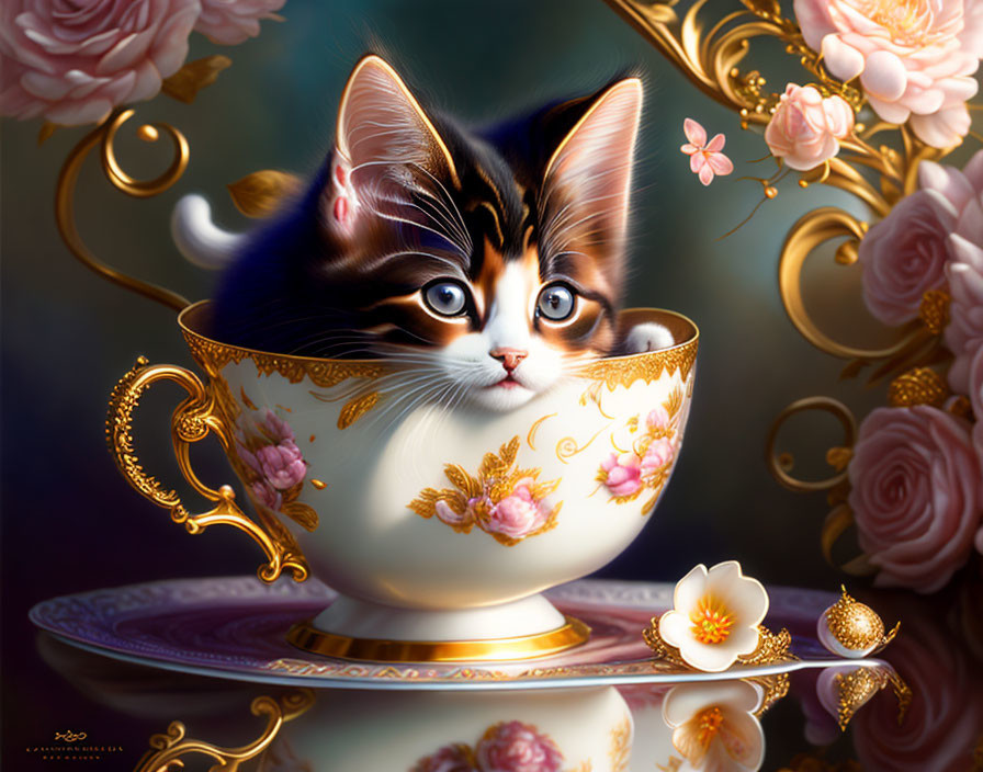 Calico Kitten in Floral Tea Cup Surrounded by Roses