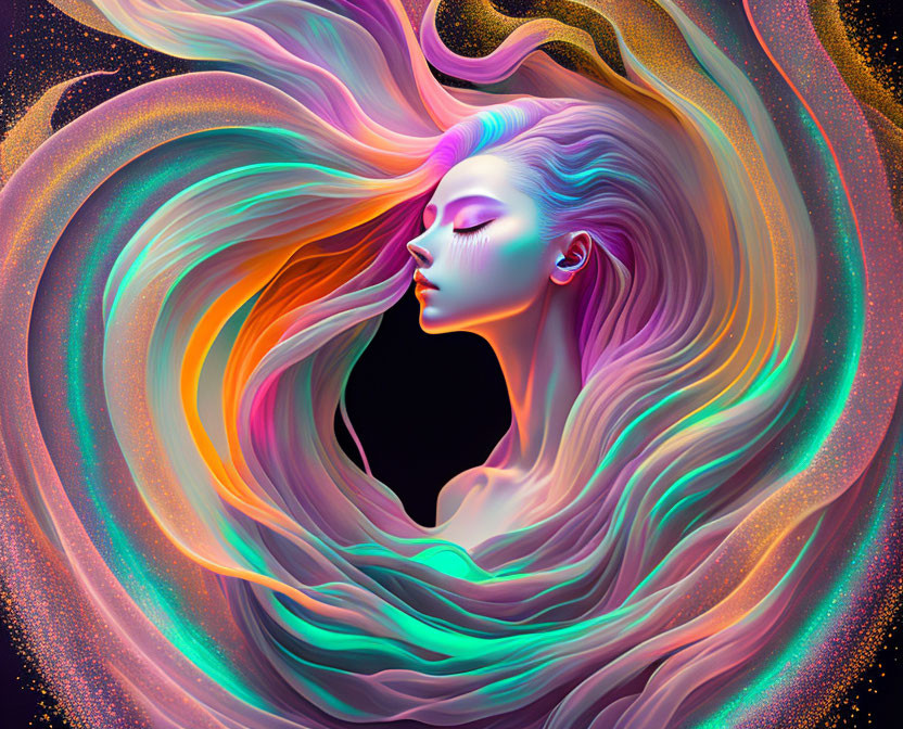 Colorful digital artwork: Woman with rainbow hair on starlit backdrop