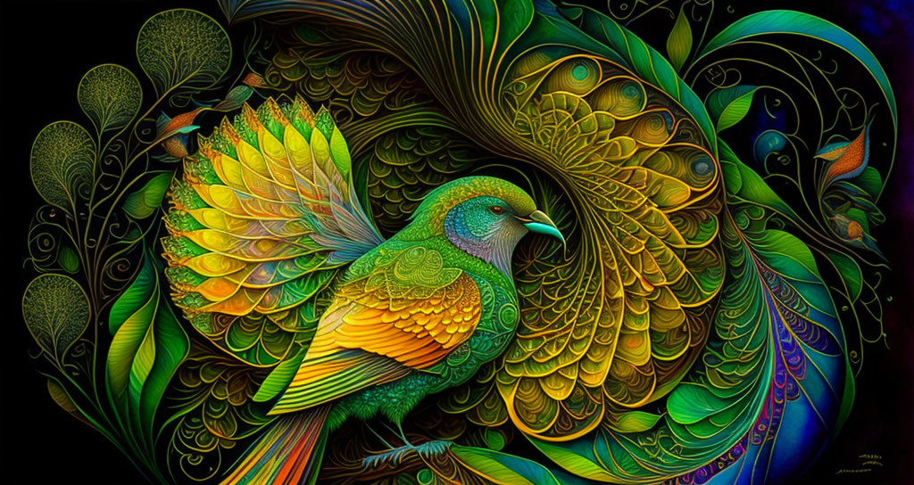 Colorful Stylized Bird Artwork with Intricate Patterns and Rich Colors