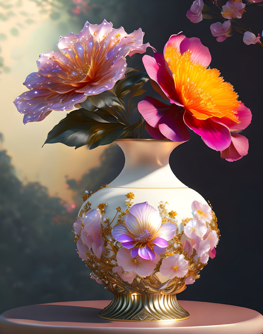 Gold Floral Patterned Vase with Pink and Orange 3D Flowers