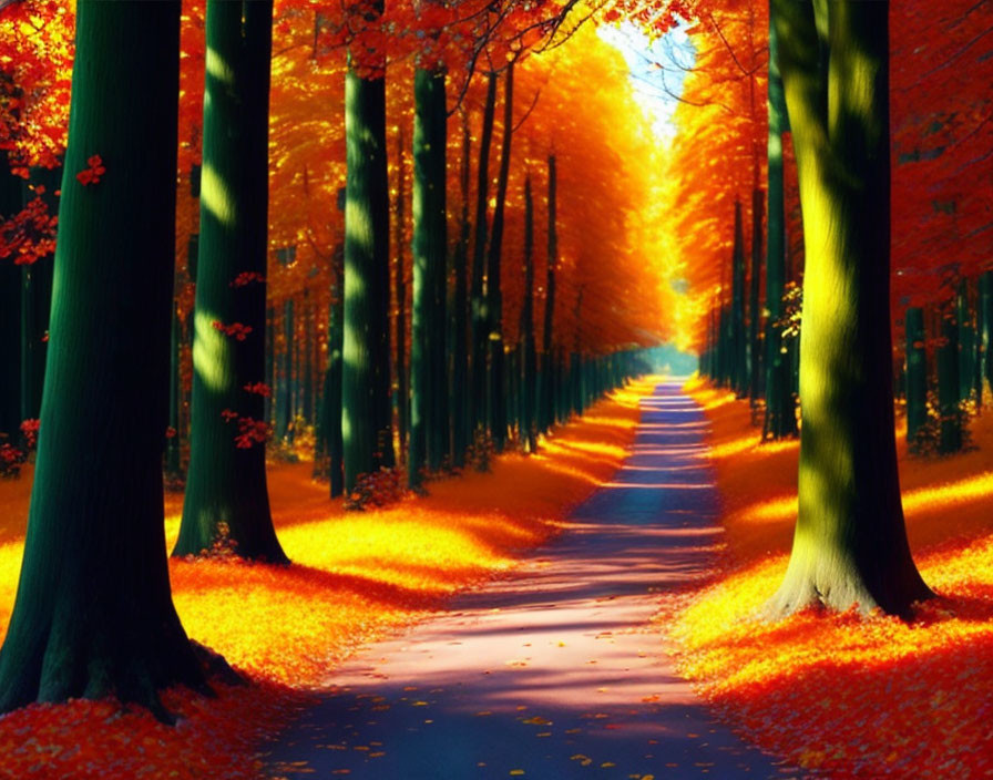 Scenic autumn path with golden leaf trees and sunlight shadows