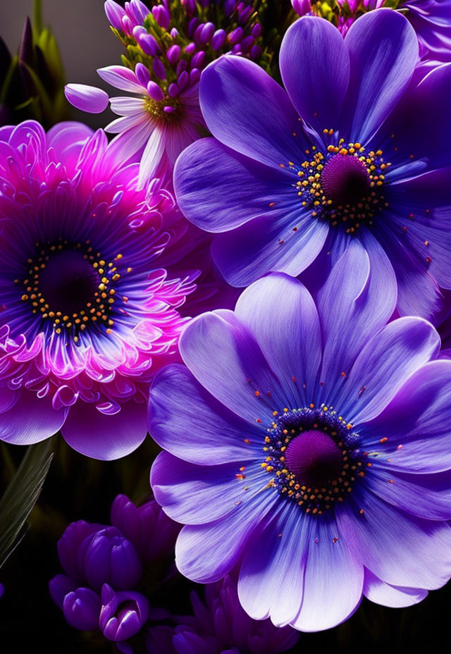 Colorful Purple Flowers with Yellow and Orange Centers and Greenery