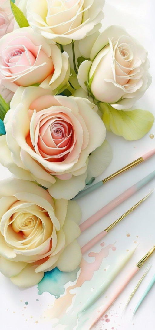 Pastel pink and cream roses with art brushes on white surface