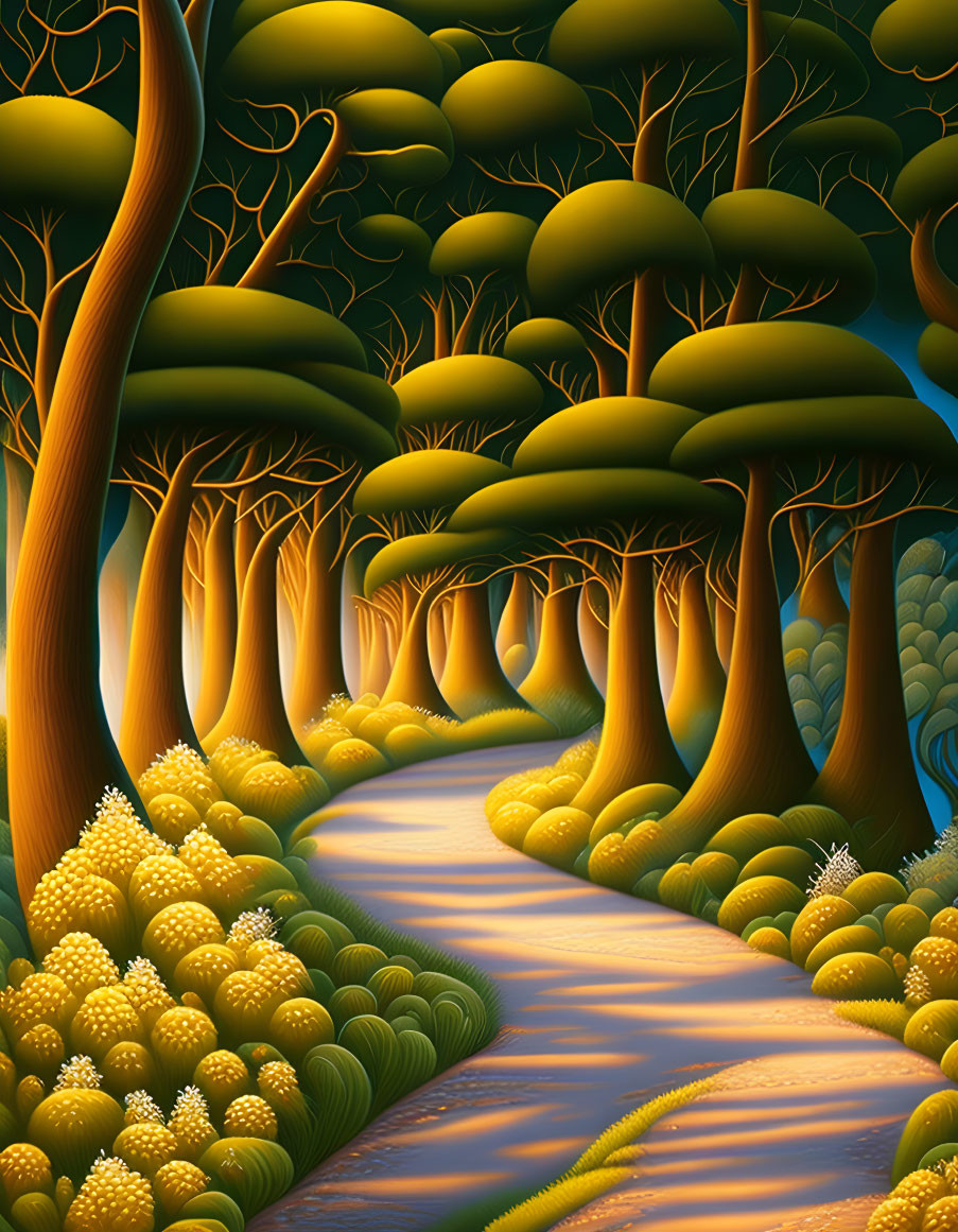 Vibrant forest path with whimsical rounded trees in warm light