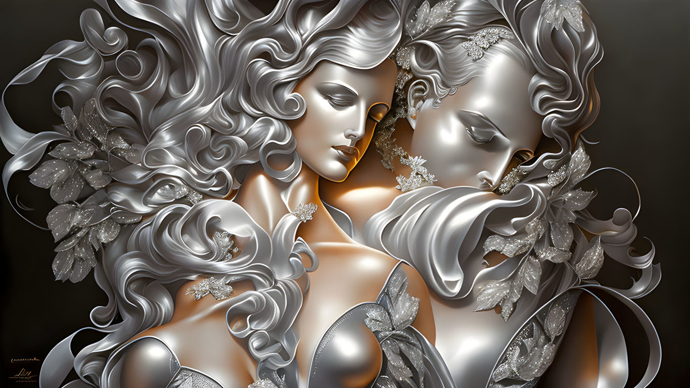 Silver figures with flowing hair in close embrace, intricate and ornate details