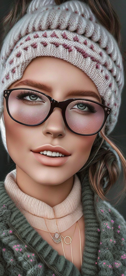 Woman with Glasses Wearing Knit Hat and Sweater Smiling