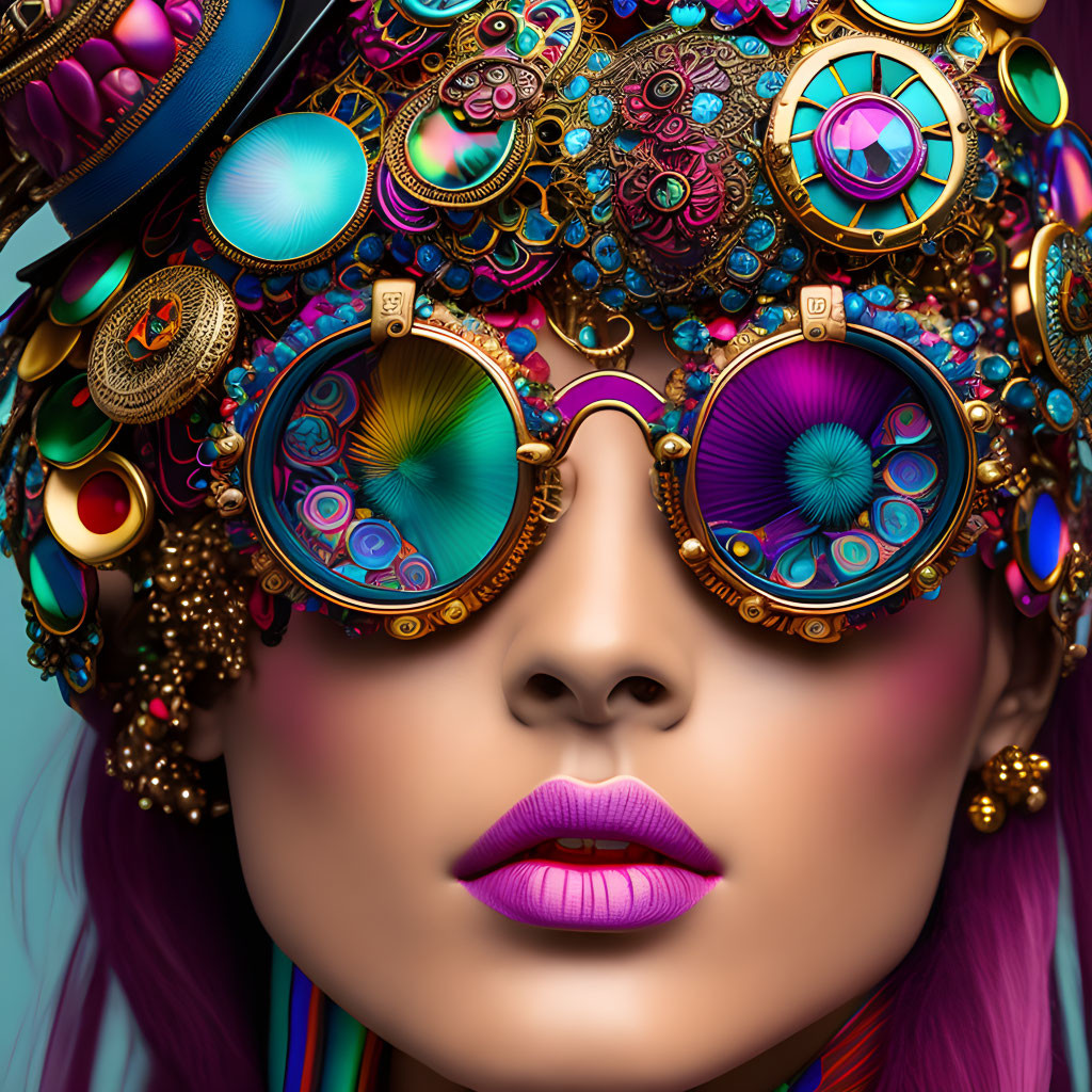 Close-Up of Woman with Vibrant Purple Lipstick and Ornate Colorful Sunglasses