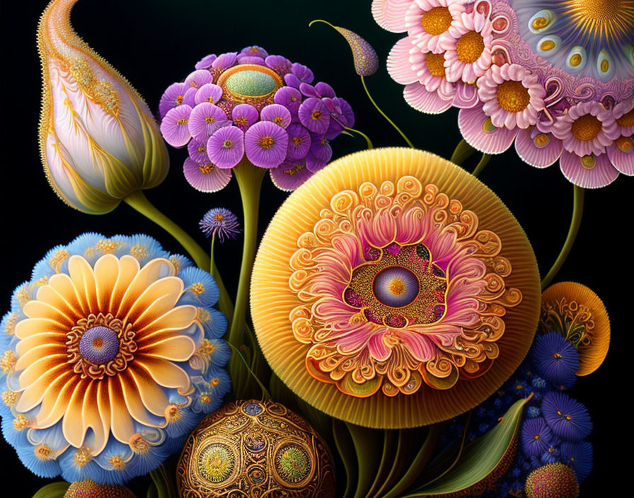 Colorful Stylized Floral Illustration with Realism and Fantasy Elements