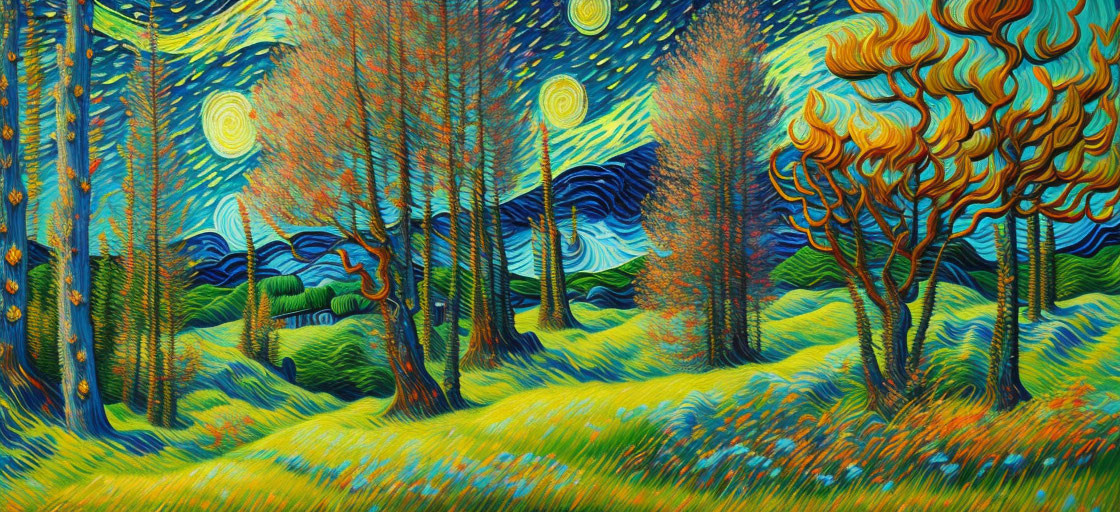 Colorful Expressionistic Landscape with Swirling Patterns