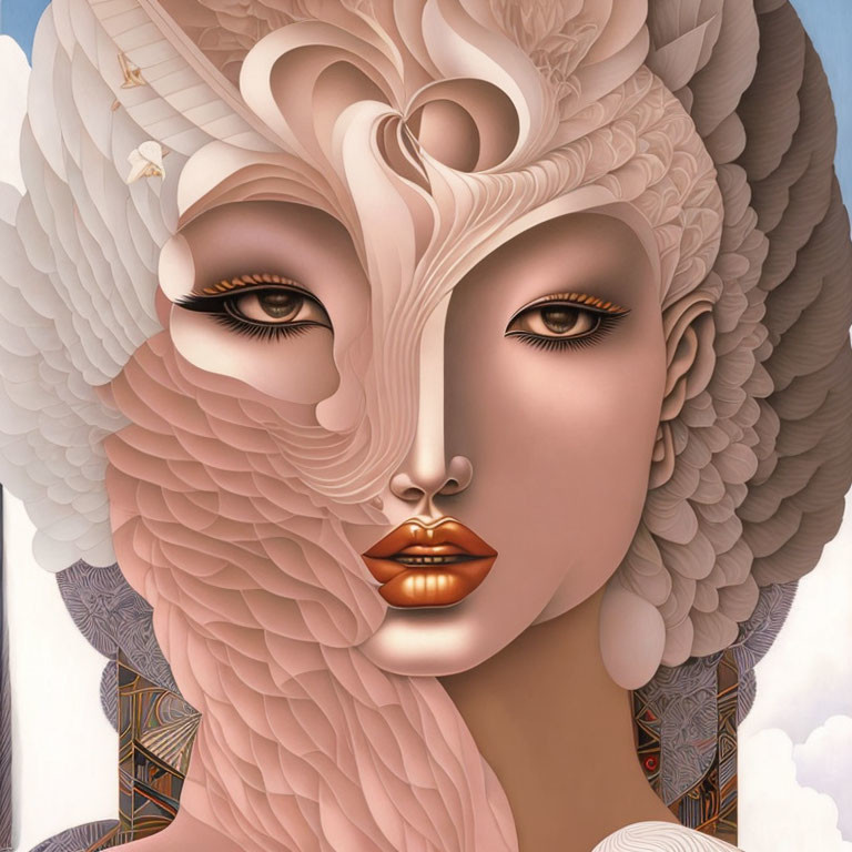 Serene woman illustration with feather-like details and neutral colors