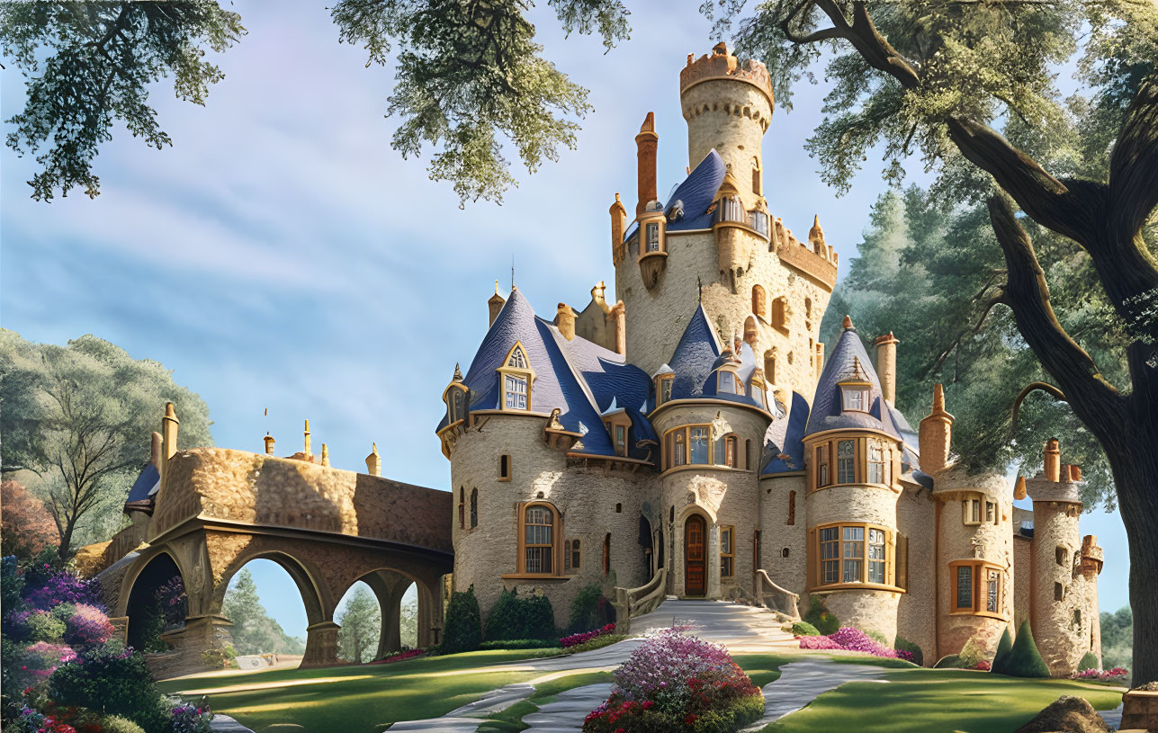 Medieval fantasy castle with turrets in lush garden setting