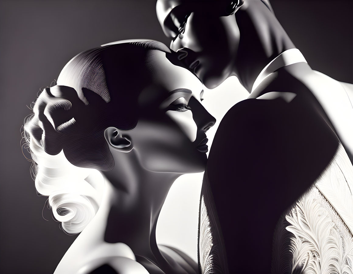 Stylized monochrome portrait of elegant man and woman with intricate hair designs