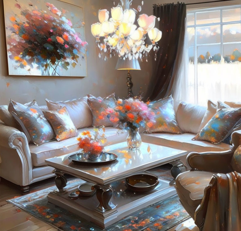 White Sofas, Colorful Pillows, Glass Table, Floral Paintings & Chandelier in Co