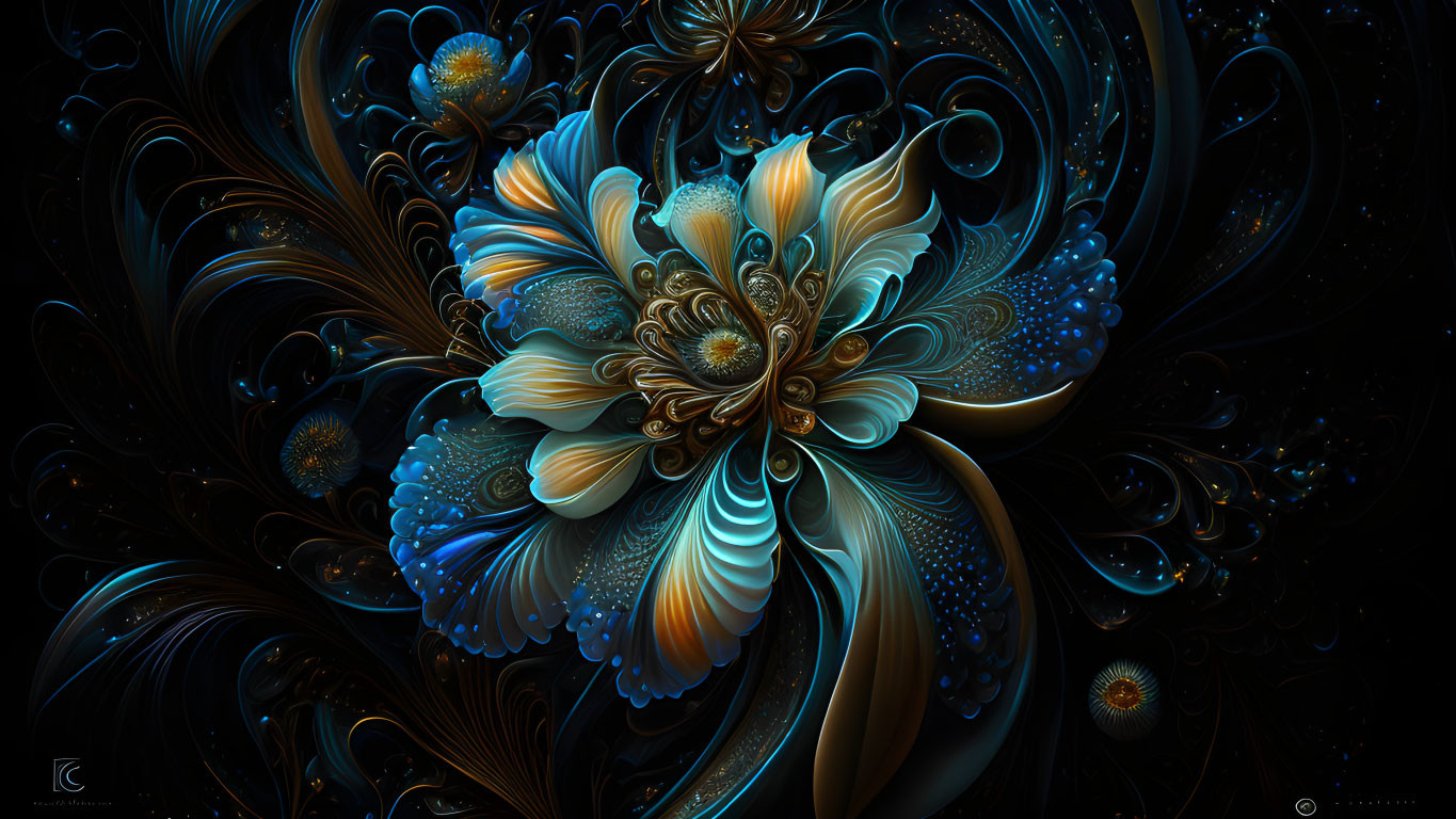 Intricate Blue and Gold Fractal Flower Artwork