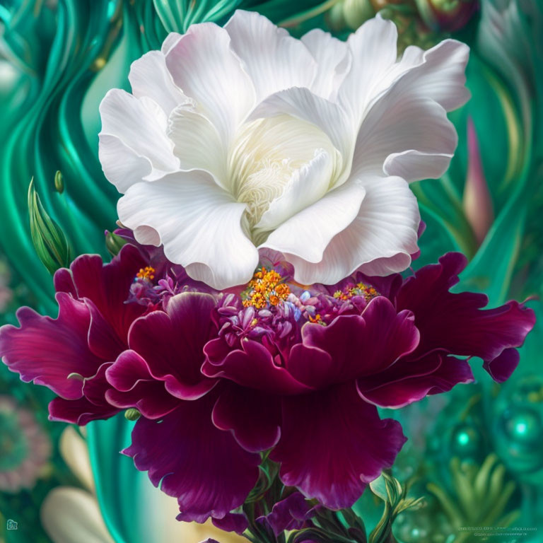 Colorful digital artwork of white and purple peony in lush green background