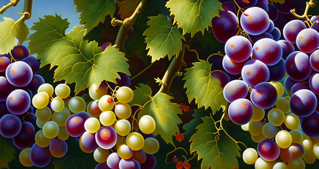 Vibrant grape bunches on vines with green leaves against dark backdrop