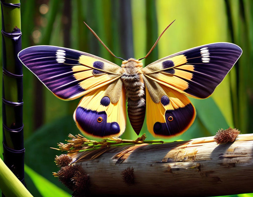 Colorful Butterfly with Yellow and Purple Wings on Plant Stem