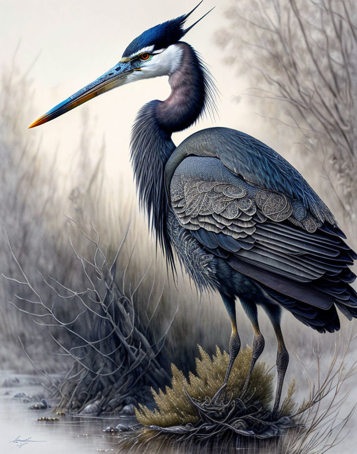 Detailed Illustration: Great Blue Heron in Reed Environment