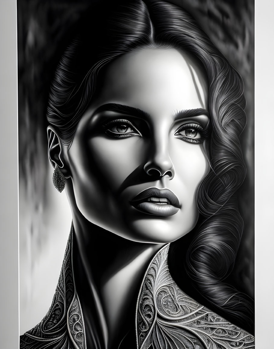 Monochromatic artistic portrait of a woman with detailed waves and striking features