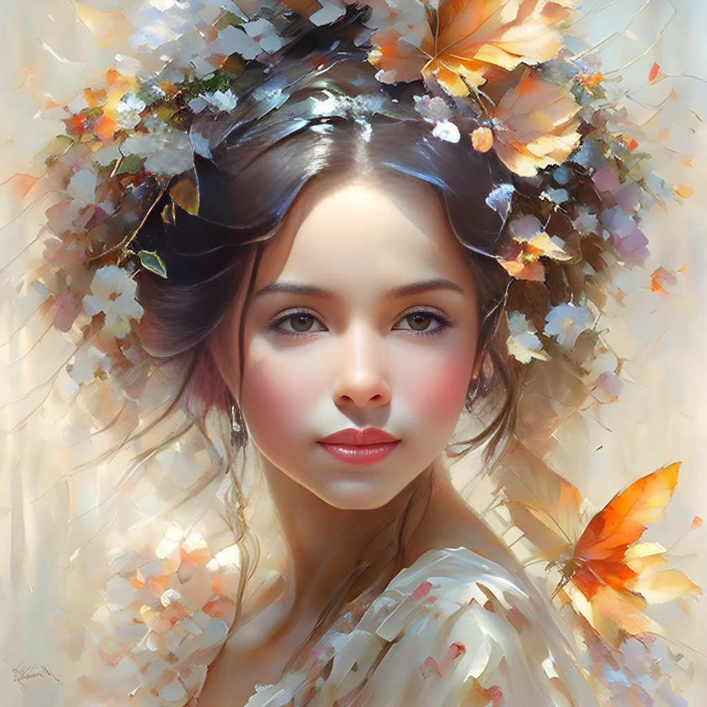 Woman portrait with serene expression, butterflies, flowers, and ethereal backdrop