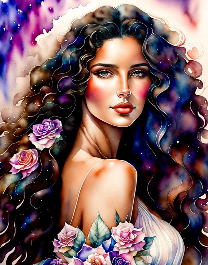 Vibrant illustration of woman with curly hair and roses in cosmic background