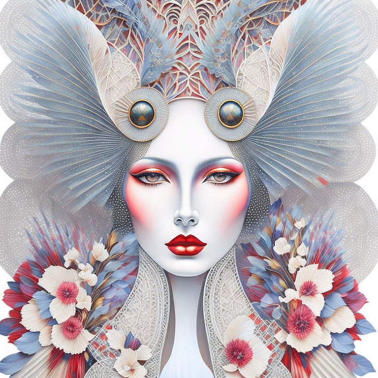 Digital artwork featuring pale-skinned female figure with stylized makeup and elaborate headdress.