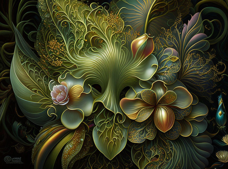 Intricate Swirling Patterns & Stylized Floral Designs in Green & Gold