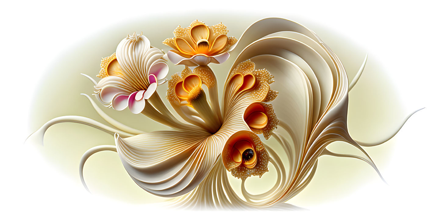 Abstract floral design with golden hues and intricate patterns