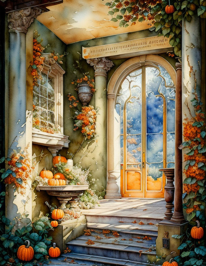 Stone Archway, Ivy, Pumpkins, Glass Door: Autumn Scene