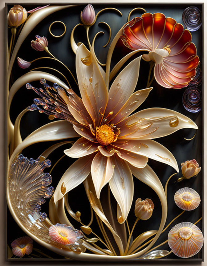 Floral Artwork with Central Bloom and Metallic Swirls