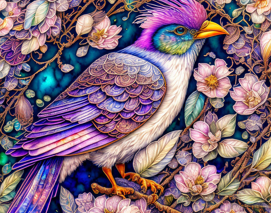 Colorful bird illustration on branch with intricate plumage and flowers against starry backdrop