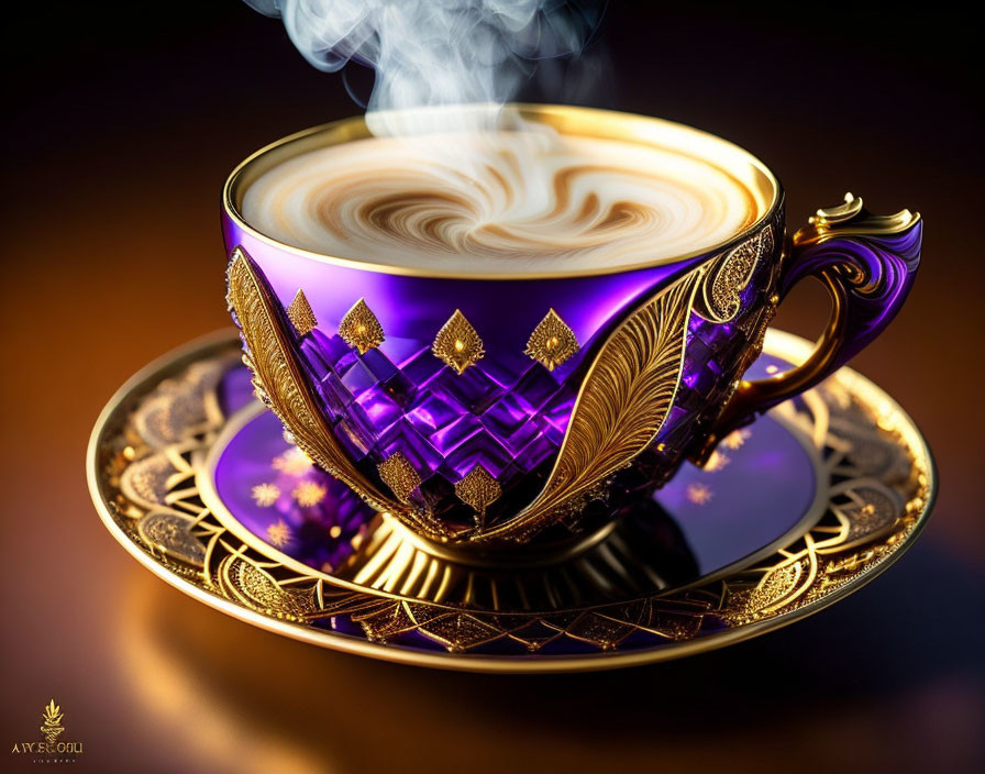 Golden Cup with Purple Details and Heart-shaped Foam Design on Saucer