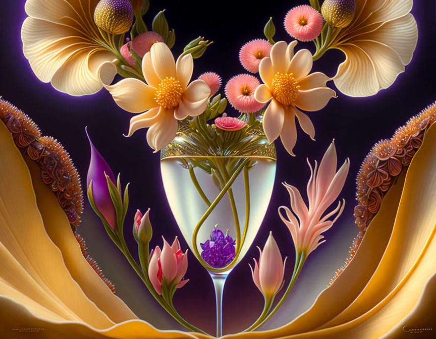 Colorful Floral Arrangement in Translucent Vase on Dark Purple Background