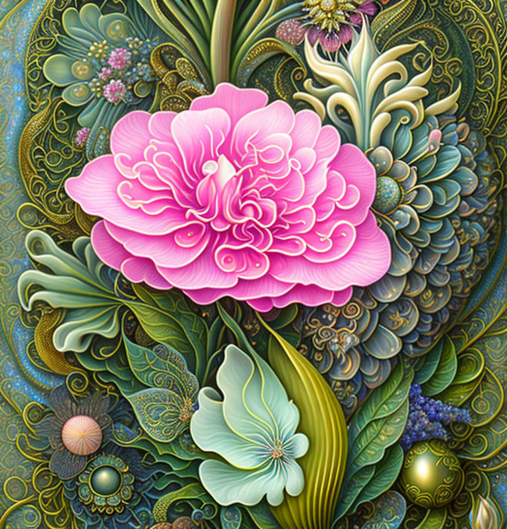 Detailed Pink Flower Artwork with Green Foliage & Gold Accents