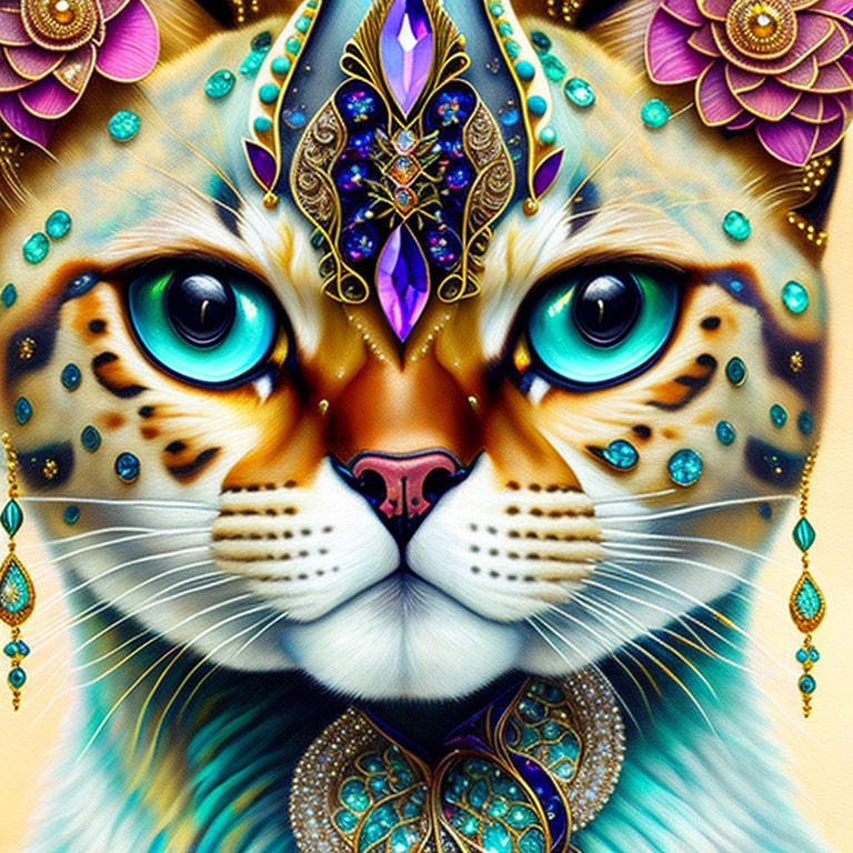 Fantastical leopard illustration with blue eyes and ornate jewels