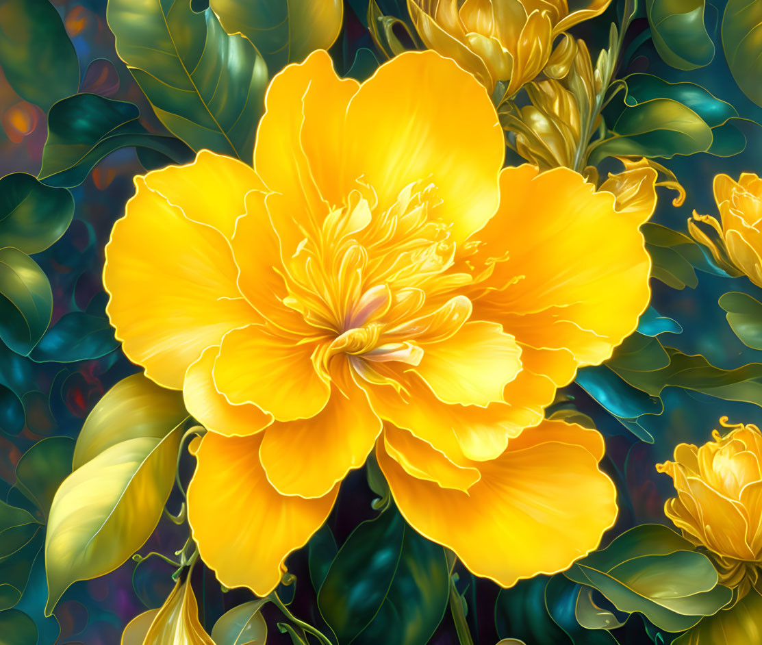 Detailed close-up of vibrant yellow flower in digital art.