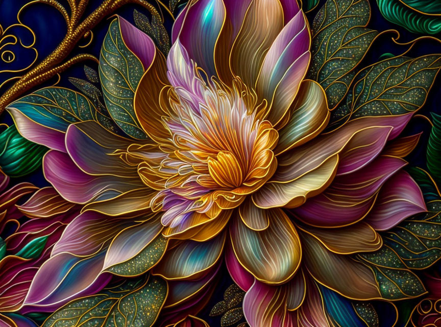 Colorful digital art: Stylized multicolored flower on dark patterned backdrop