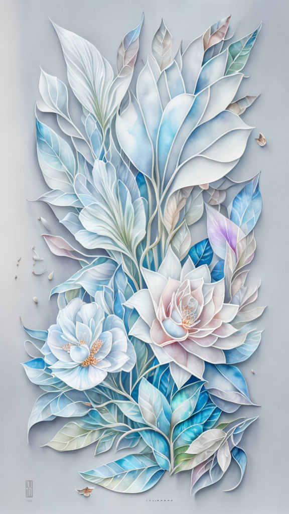 Botanical theme with blue and white flowers and delicate leaves