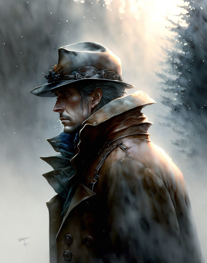 Detailed Illustration of a Man in Hat and Coat in Cold Atmosphere