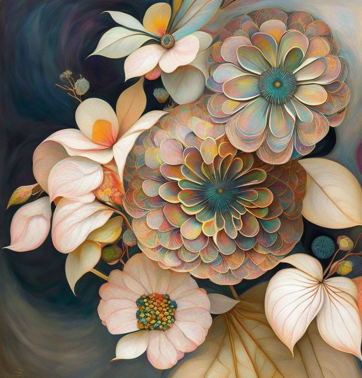 Detailed Blossoming Flowers Artwork in Warm Colors on Dark Background