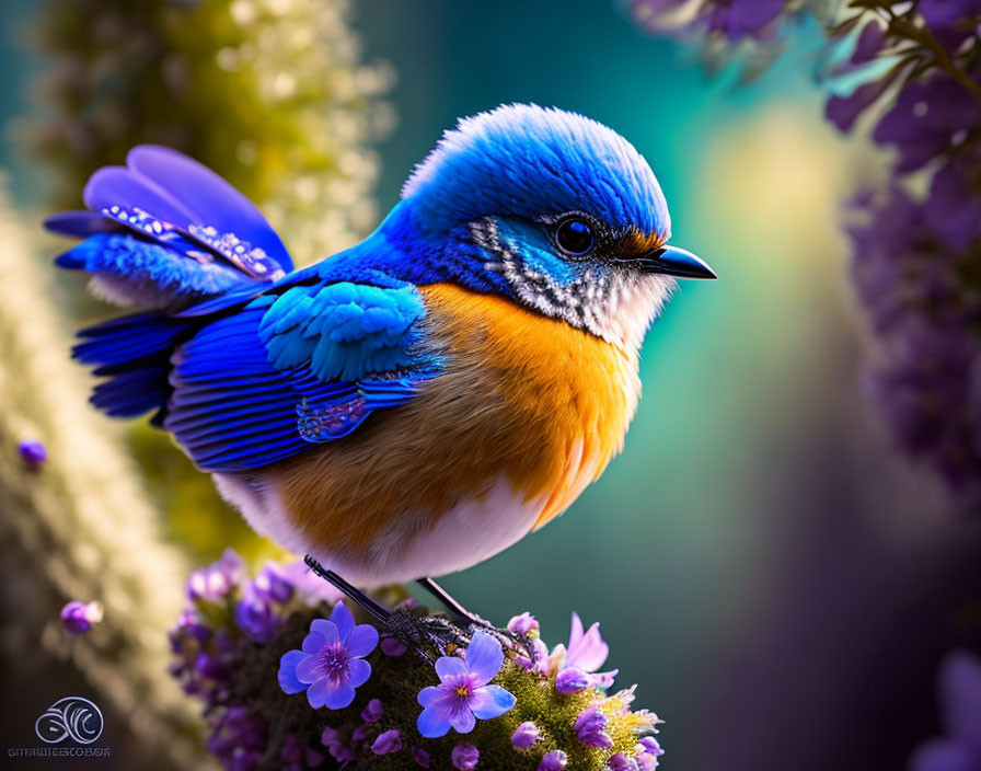 Colorful Bird Perched on Branch Among Purple Flowers