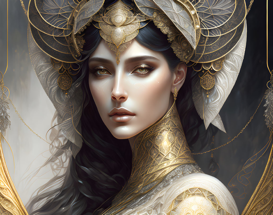 Ethereal woman with dark hair in golden headwear and ornate armor